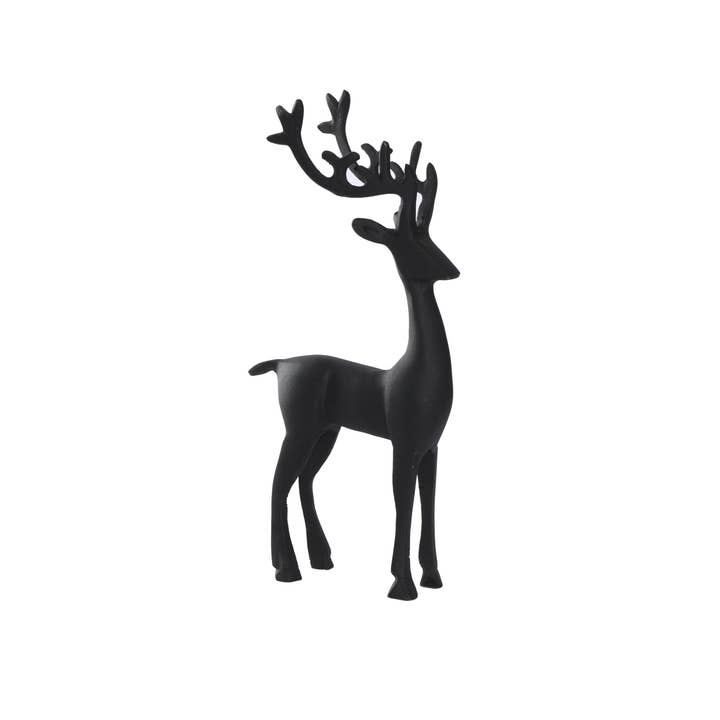 13-inch black metal reindeer figurine with a minimalist design and large antlers.