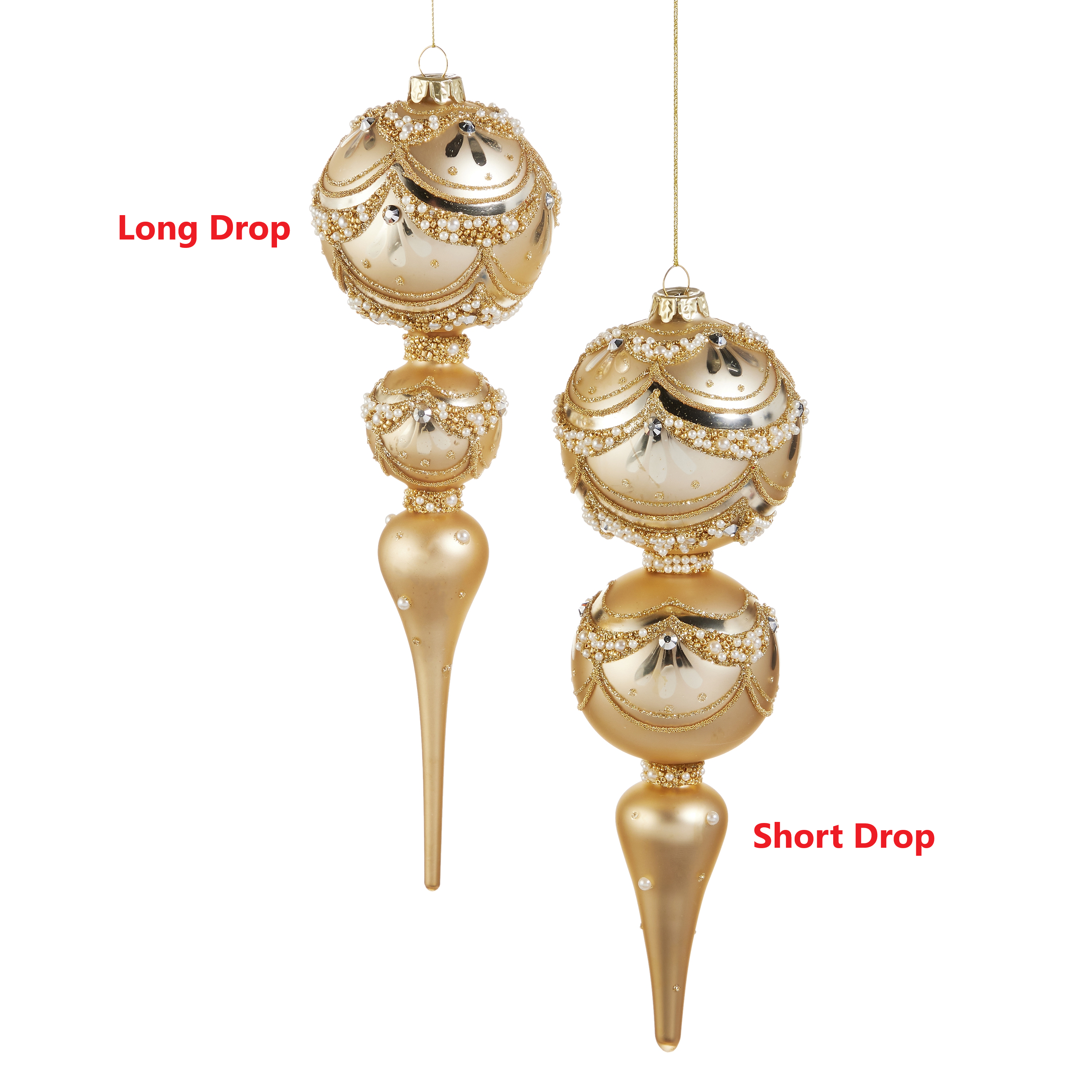 Two gold glass finial ornaments with pearl trim, available in long drop and short drop styles.
