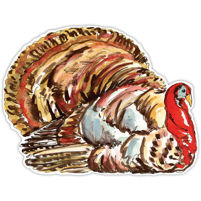 Die-cut paper placemat in the shape of a watercolor-style turkey with brown and red tones.