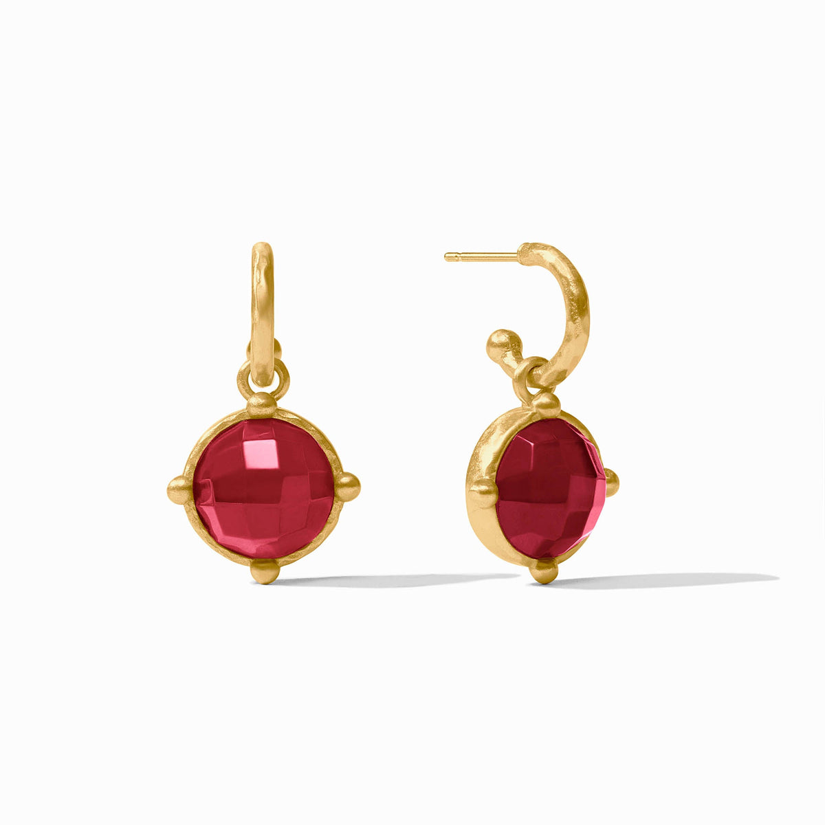 Gold Honeybee hoop earrings with reversible faceted red gemstone charms.