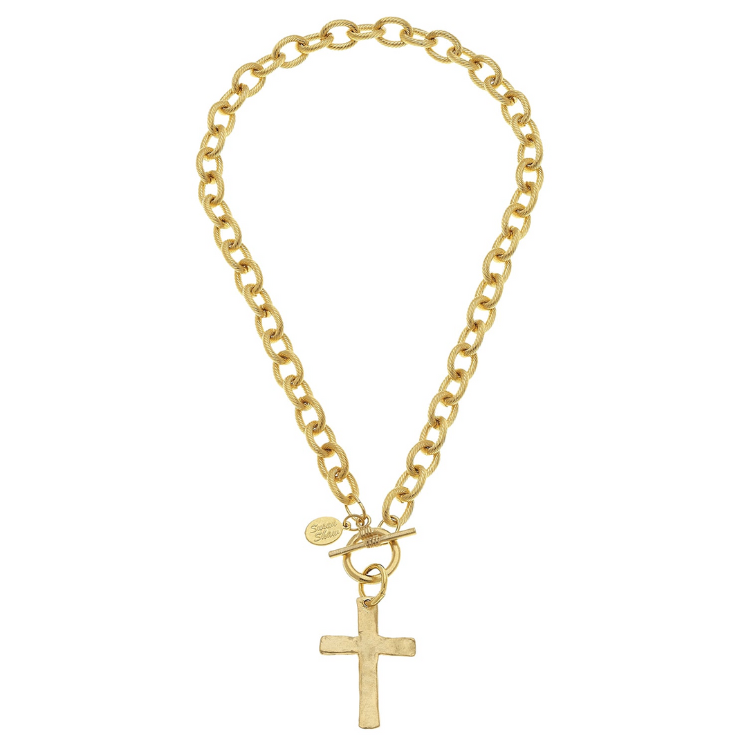 Gold-plated chunky chain necklace with a cross pendant and a toggle clasp.