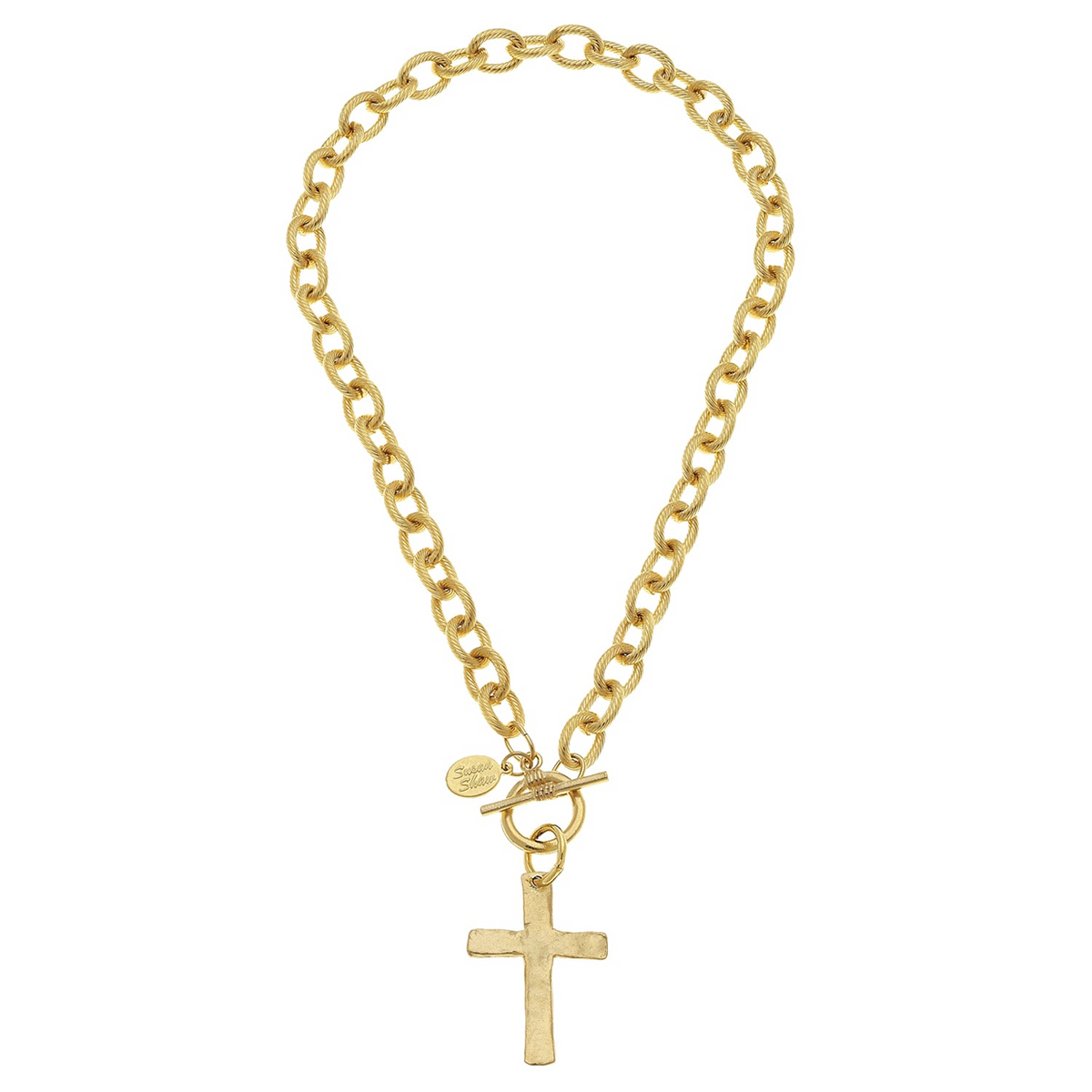 Gold-plated chunky chain necklace with a cross pendant and a toggle clasp.