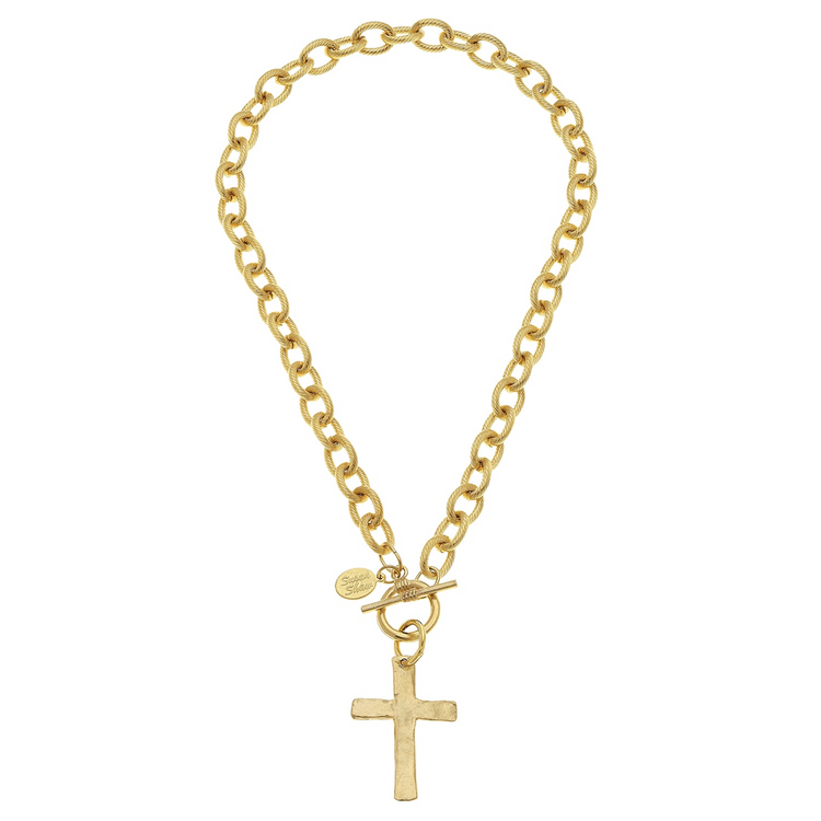 Gold-plated chunky chain necklace with a cross pendant and a toggle clasp.