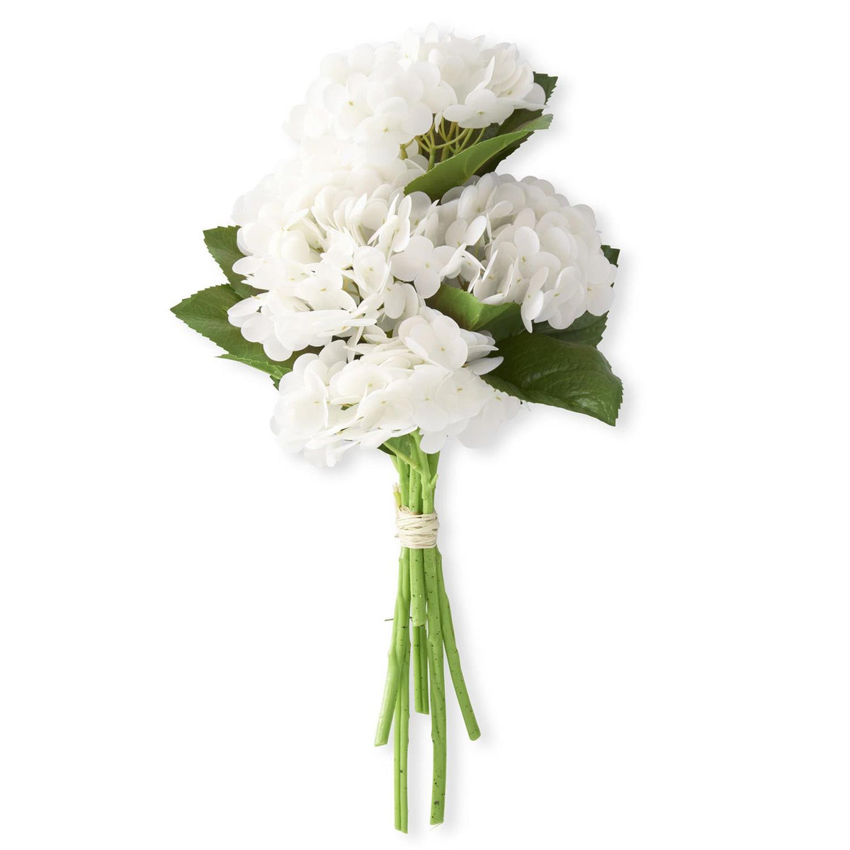 Bundle of thirteen-inch real touch hydrangea flowers in white with plastic wire cloth stems.