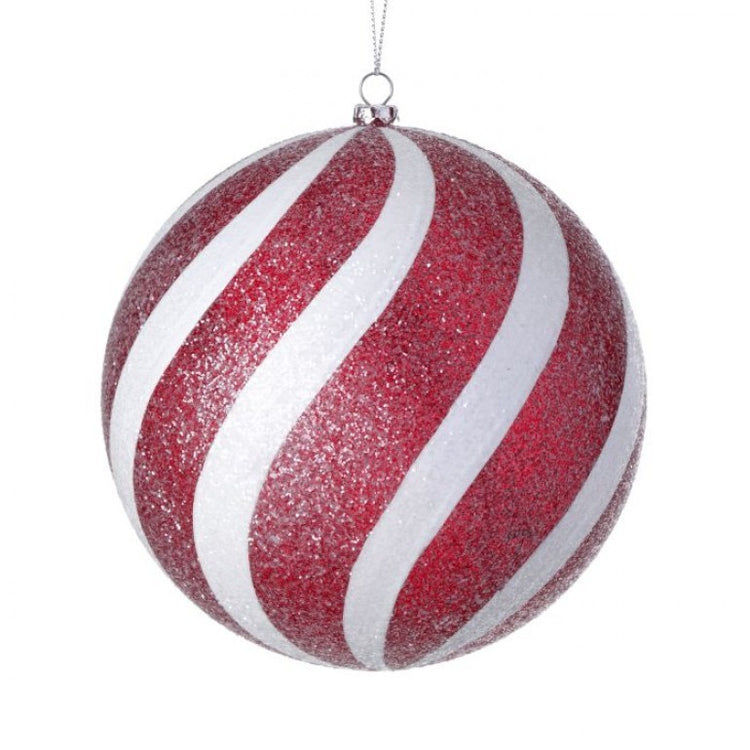 White spherical ornament with colorful candy cane stripes hanging from a hook.