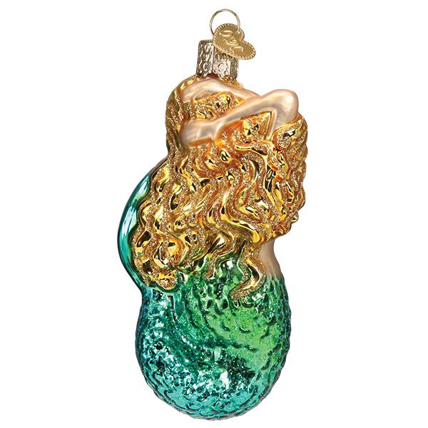 Seashell Mermaid glass ornament with long golden hair and a shimmering green and blue tail.