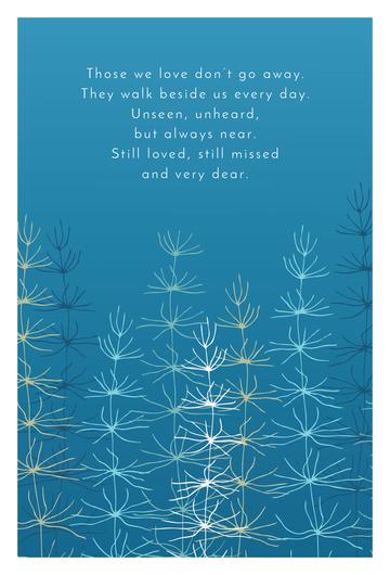 Blue greeting card with a poem about love and remembrance, featuring delicate white and gold line art of plants.