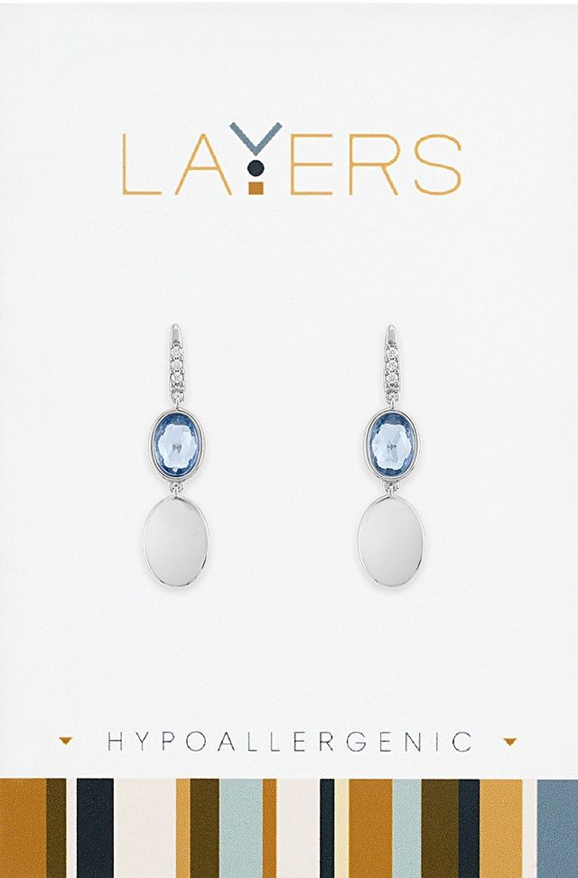 Silver sky blue double oval dangle layer earrings with hypoallergenic finish