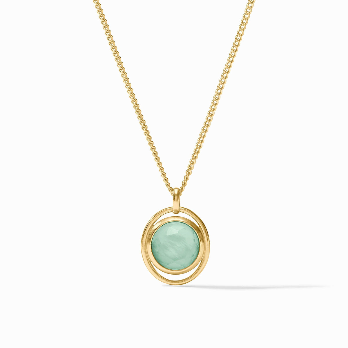 Adjustable Laguna Solitaire necklace with a teardrop pendant in gold plate over imported glass.
