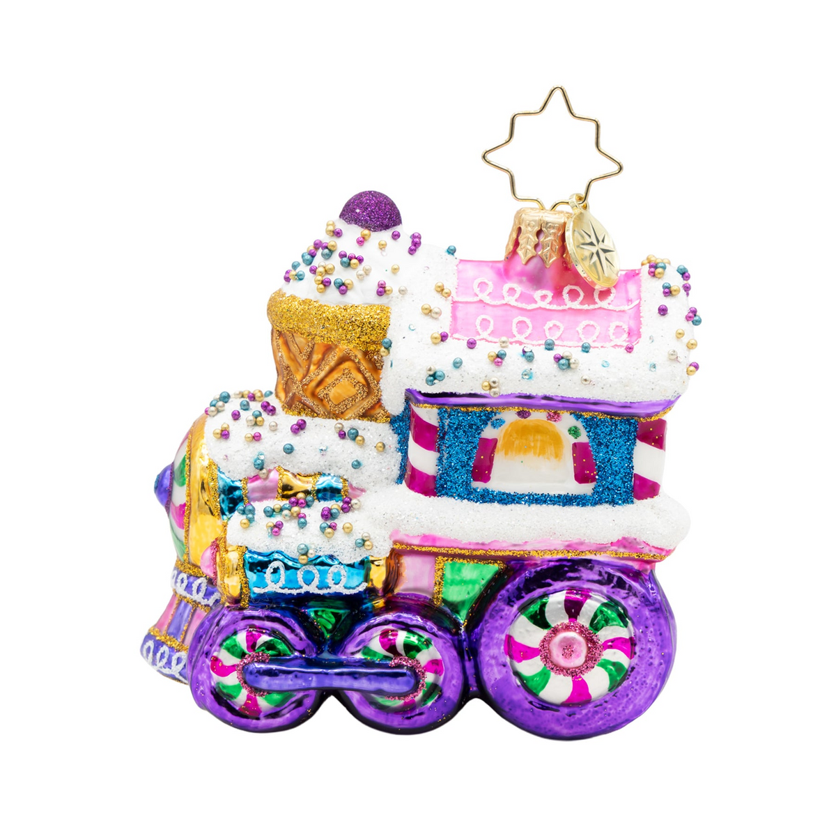 Sugar Rush Express Gem glass train ornament with candy-themed glitter and colorful bead details.