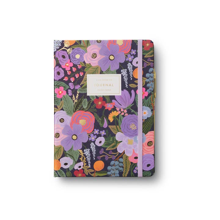 Greyboard Garden Party Journal with metallic gold foil cover and attached black ink pen