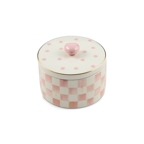 Rosy Check Trinket Box with pink checkered base, polka dot lid, and a pink heart-shaped knob.