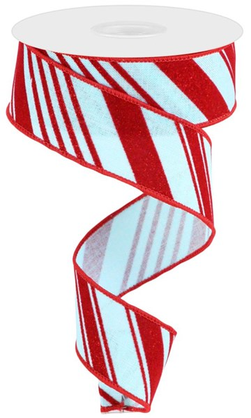 A spool of glitter velvet ribbon with diagonal stripes in red and silver.