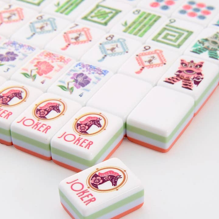 Solara Mahjong Tiles featuring colorful floral designs and Year of the Horse Joker tiles.