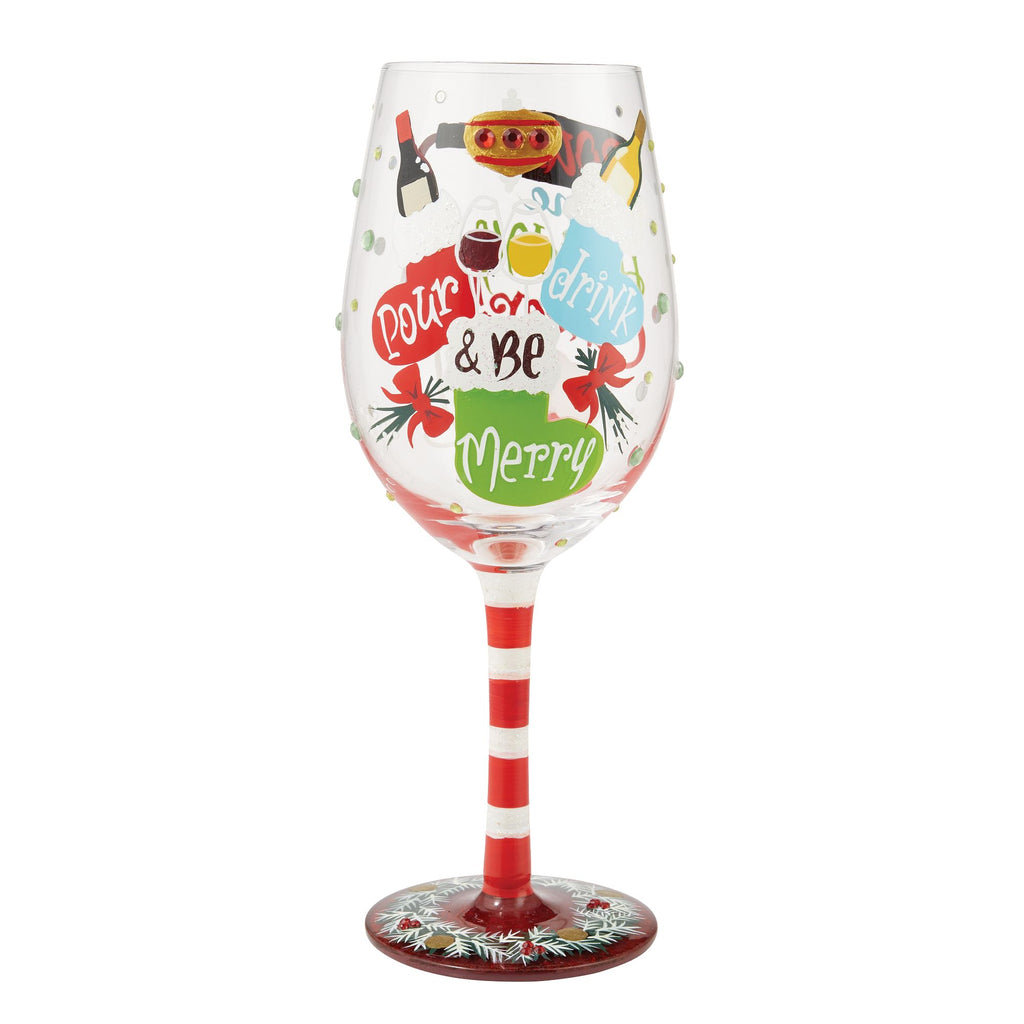 Blown glass wine glass with hand-painted colorful cocktail recipe base and glitter accents