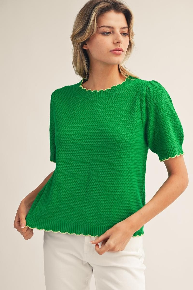 Cassandra scallop edge accent sweater top in white cotton with a relaxed silhouette.