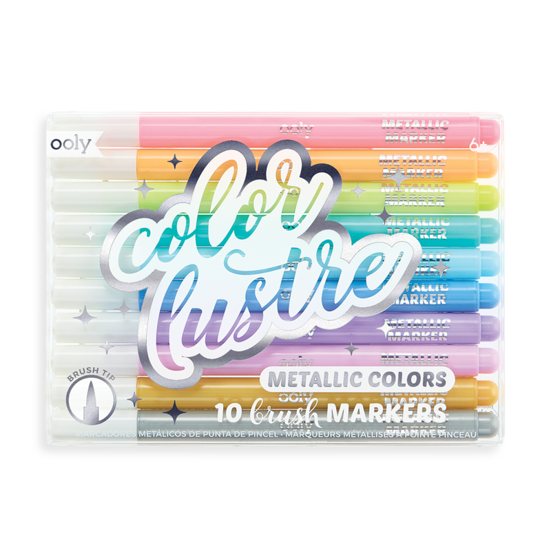Set of metallic brush markers with colorful caps designed for drawing on various surfaces.