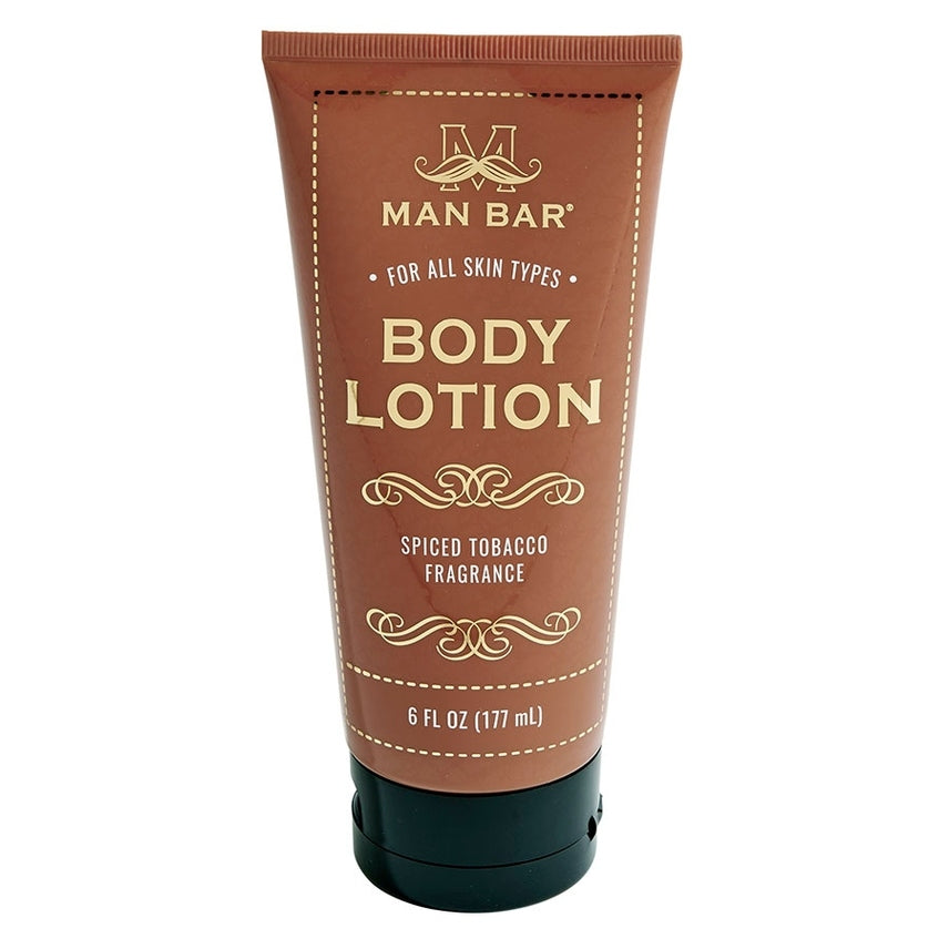 Man Bar Spiced Tobacco body lotion bottle with a dark amber liquid visible through the clear container.