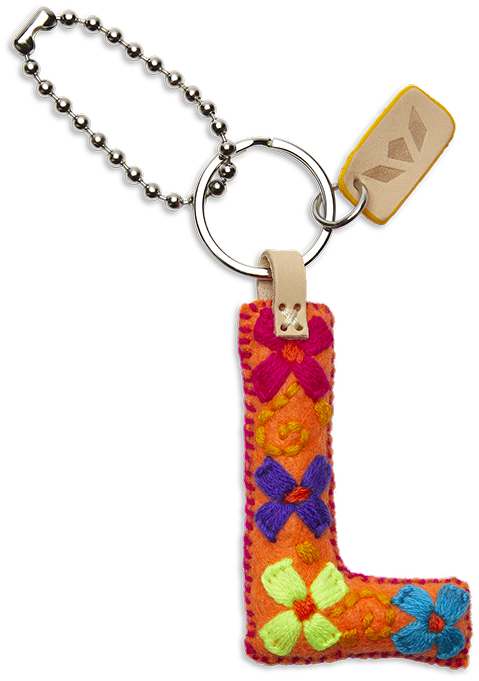 Felt letter charm in bright orange with attached silver chain
