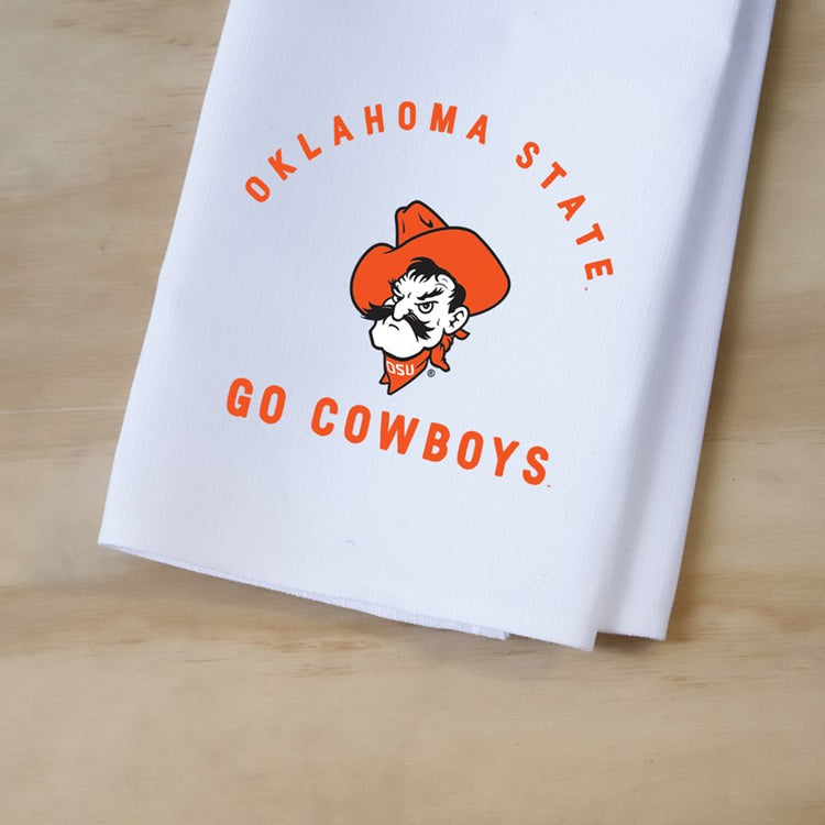 White tea towel with orange Oklahoma State University logo and "Go Cowboys" text.