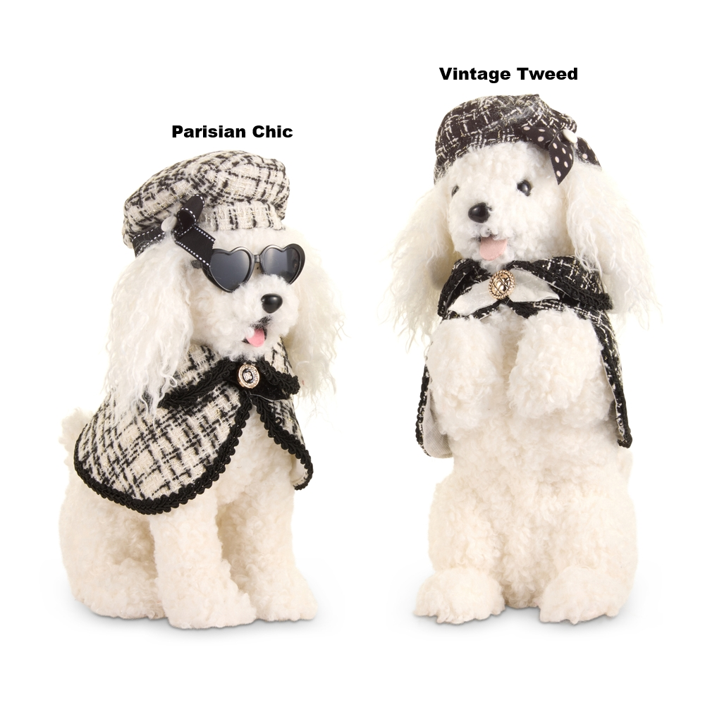 Two 14-inch plush white poodles in tweed capes and berets, labeled Parisian Chic and Vintage Tweed.