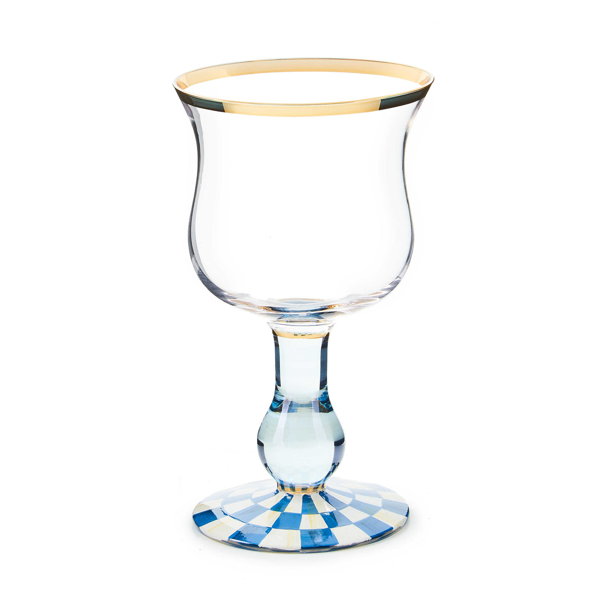 Royal Check Wine Glass with a blue and white checkered base and gold lustre rim.