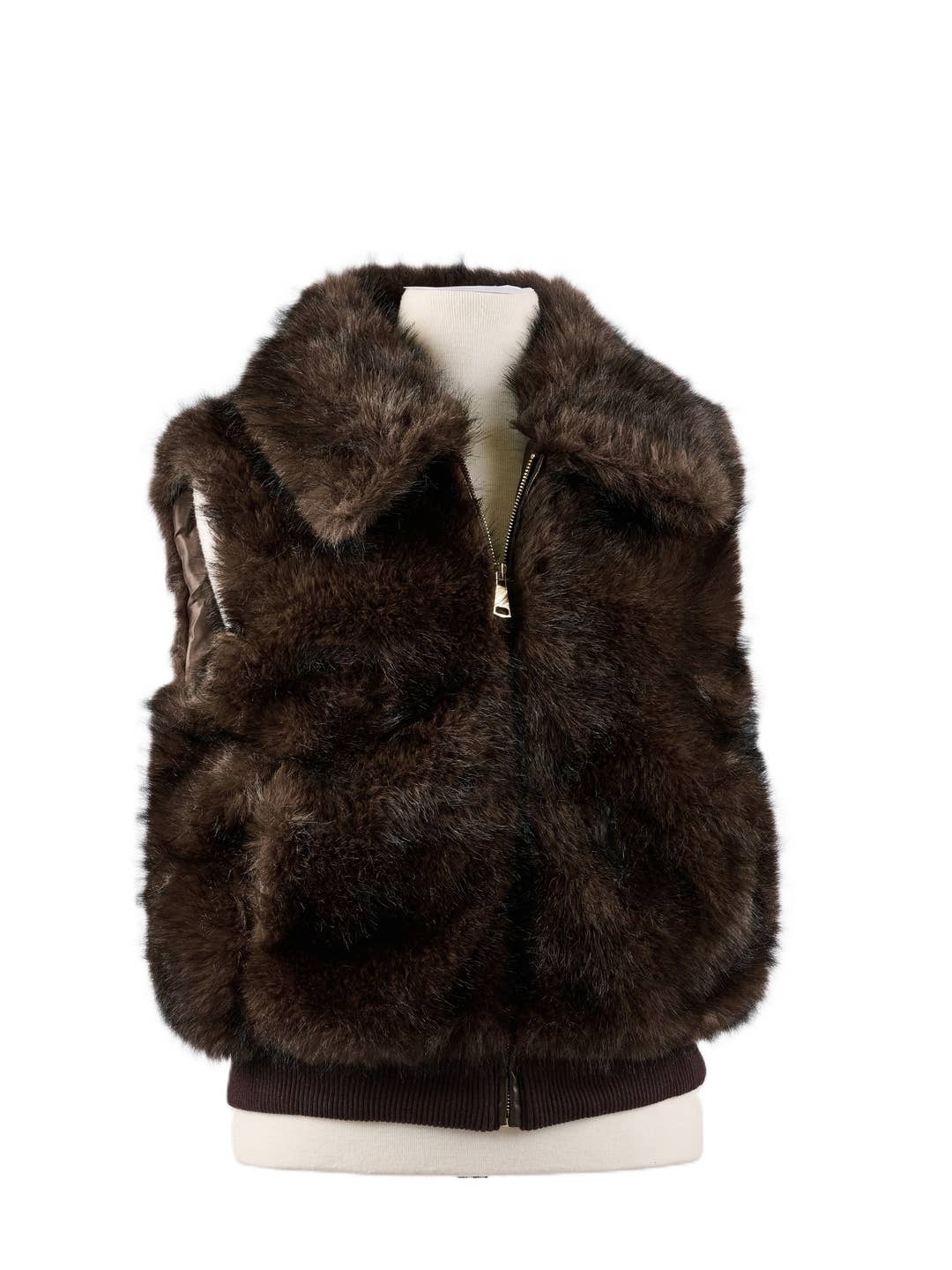 Dark brown faux fur bomber vest with a statement collar, front zipper, and rib-knit waistband.