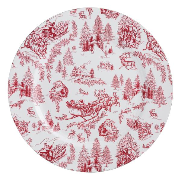 13-inch white enamel-coated charger plate with a red Christmas toile pattern.