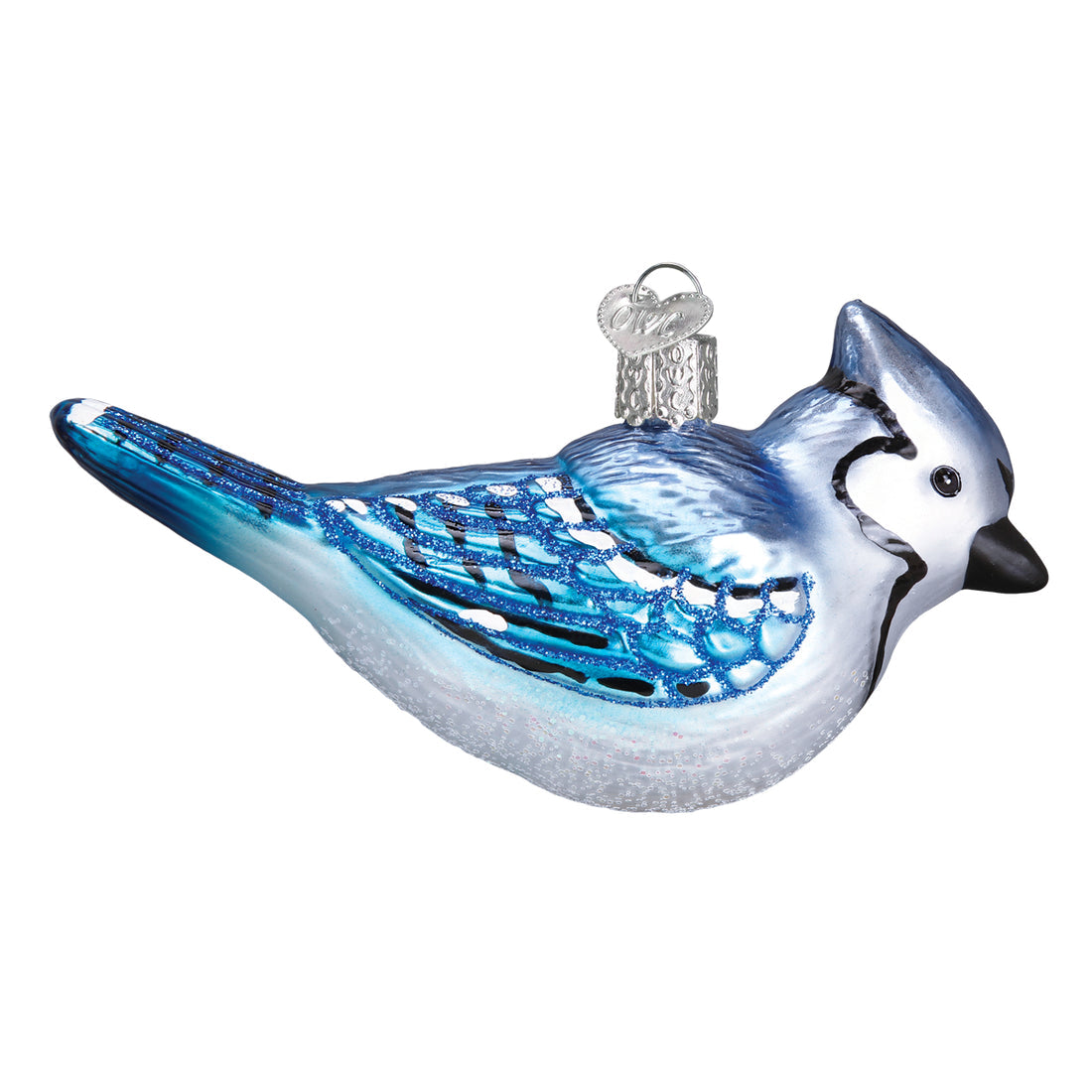 Bright Blue Jay glass Christmas ornament with glitter accents and a silver heart charm.