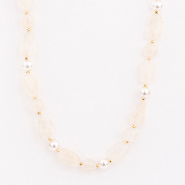 Zoe Necklace featuring chunky cream resin beads and white pearls with gold-tone metal spacers.