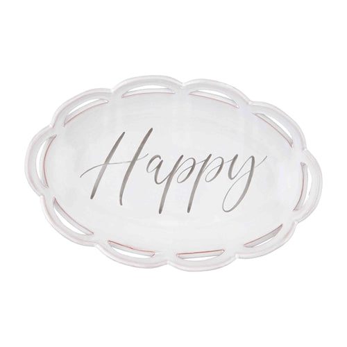 Terracotta scalloped happy bowl with an oval silhouette measuring 8 inches by 12 and a quarter inches.