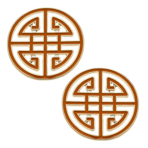 Aria Game Day Greek Keys enamel stud earrings in orange and gold-tone metal.