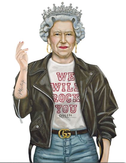 Artwork print of Queen Elizabeth II in a leather jacket, t-shirt, and jeans, wearing a crown and jewelry.