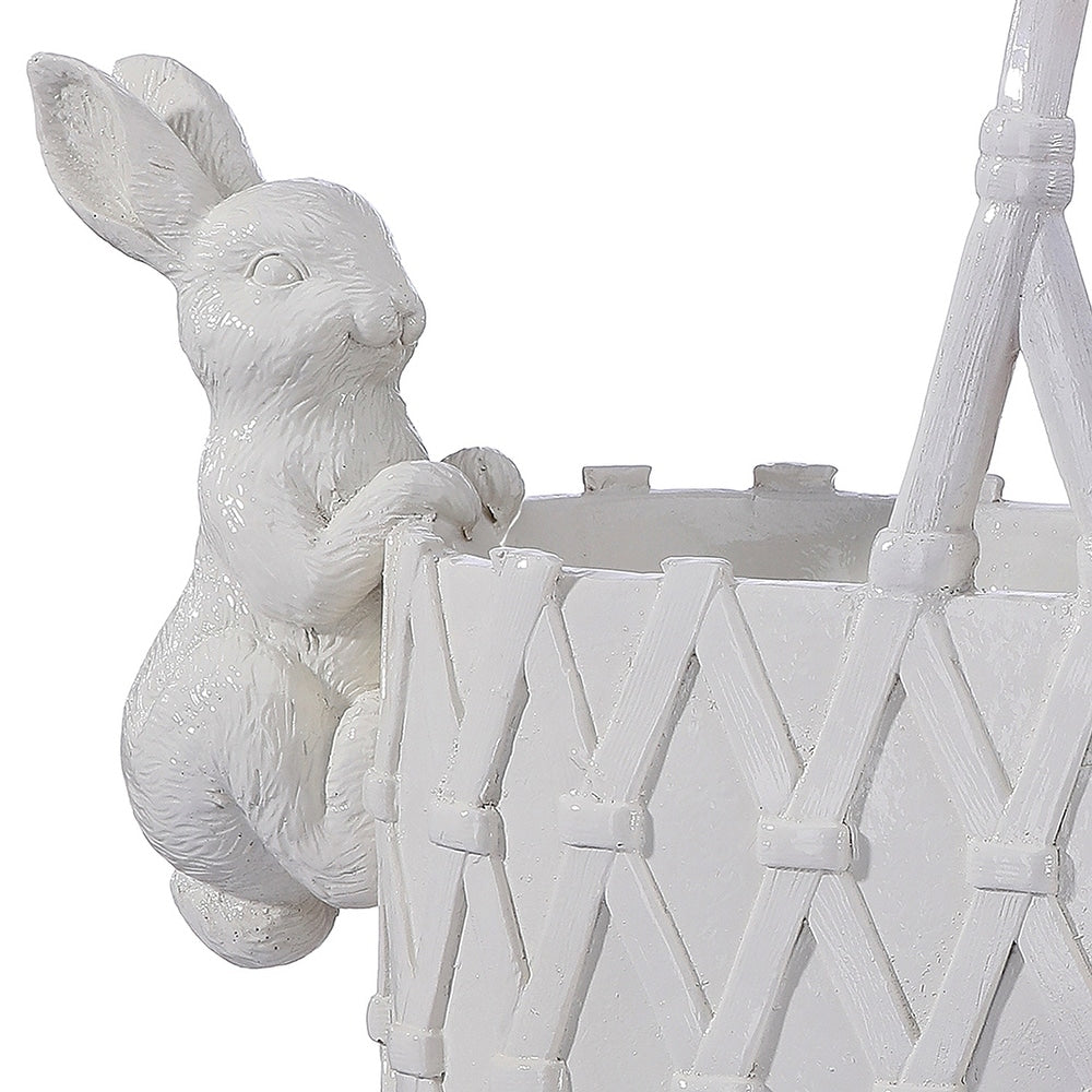 Resin planter shaped like a woven basket with bunny figures on sides