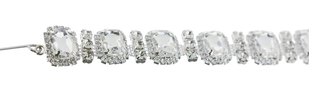 Close-up of a 36-inch emerald cut clear crystal chain with silver-tone metal hooks.