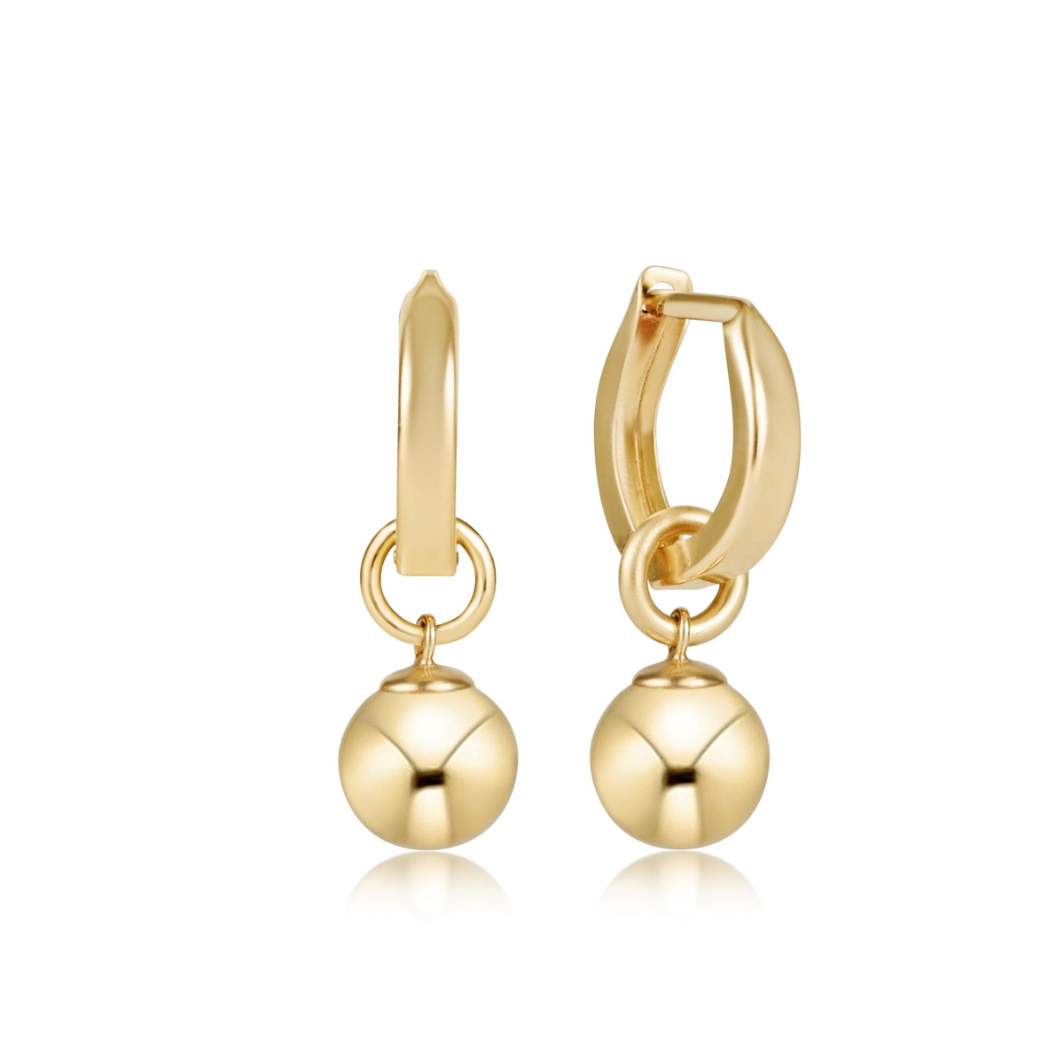Pair of 14kt gold-filled 0.5 inch huggie hoop earrings with 8mm classic gold ball charms.