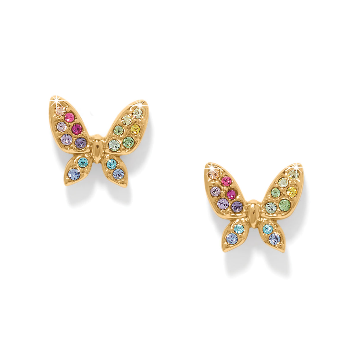 Gold-plated post earrings with flat disc backs featuring multi-colored crystal butterfly silhouettes.