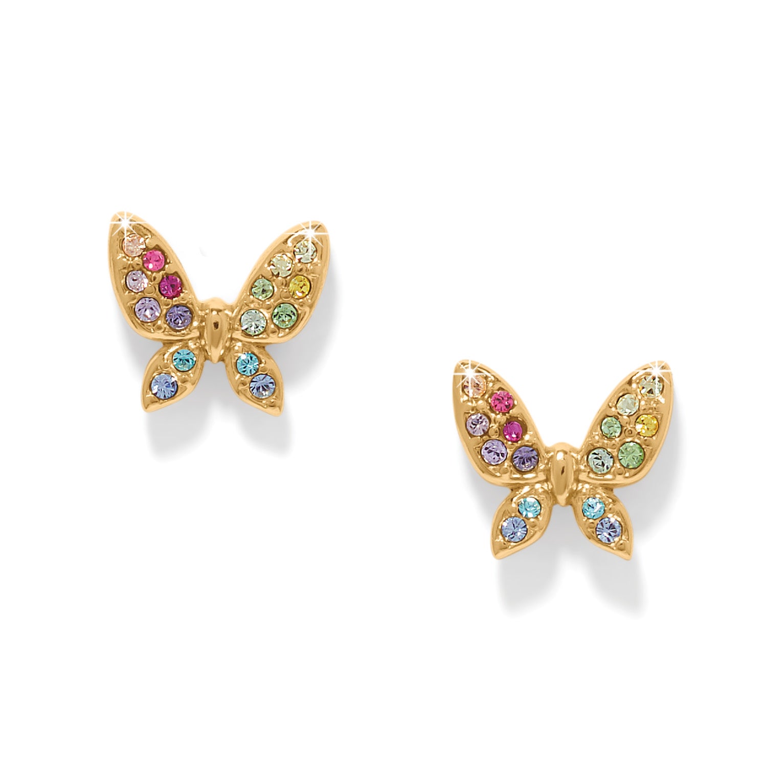 Gold-plated post earrings with flat disc backs featuring multi-colored crystal butterfly silhouettes.