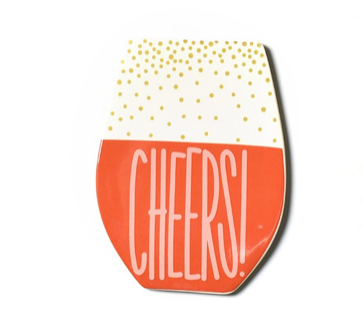 Wine glass shaped ceramic attachment with gold polka dots and 'CHEERS!' in white on a red base.