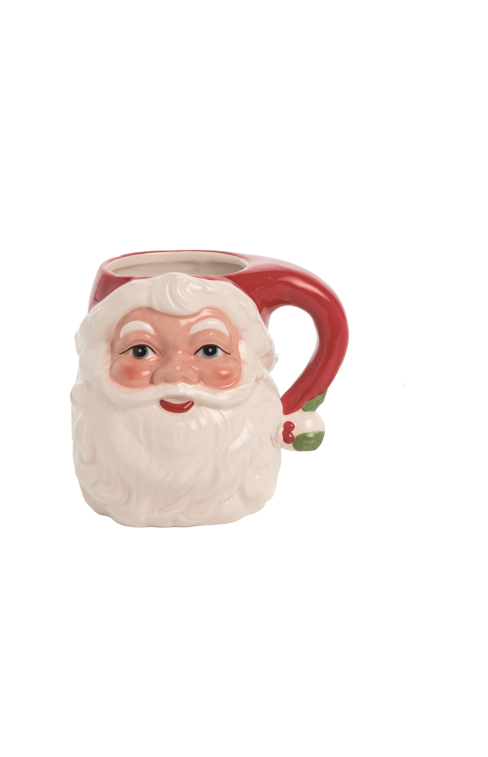 Vintage-style Santa Claus shaped dolomite mug with a red handle and holly detail.