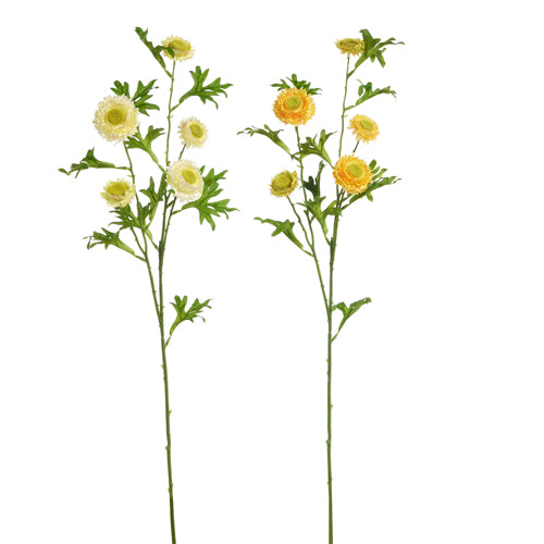 32-inch yellow polyester straw flower spray with plastic blooms measuring two to two-and-a-half inches wide.