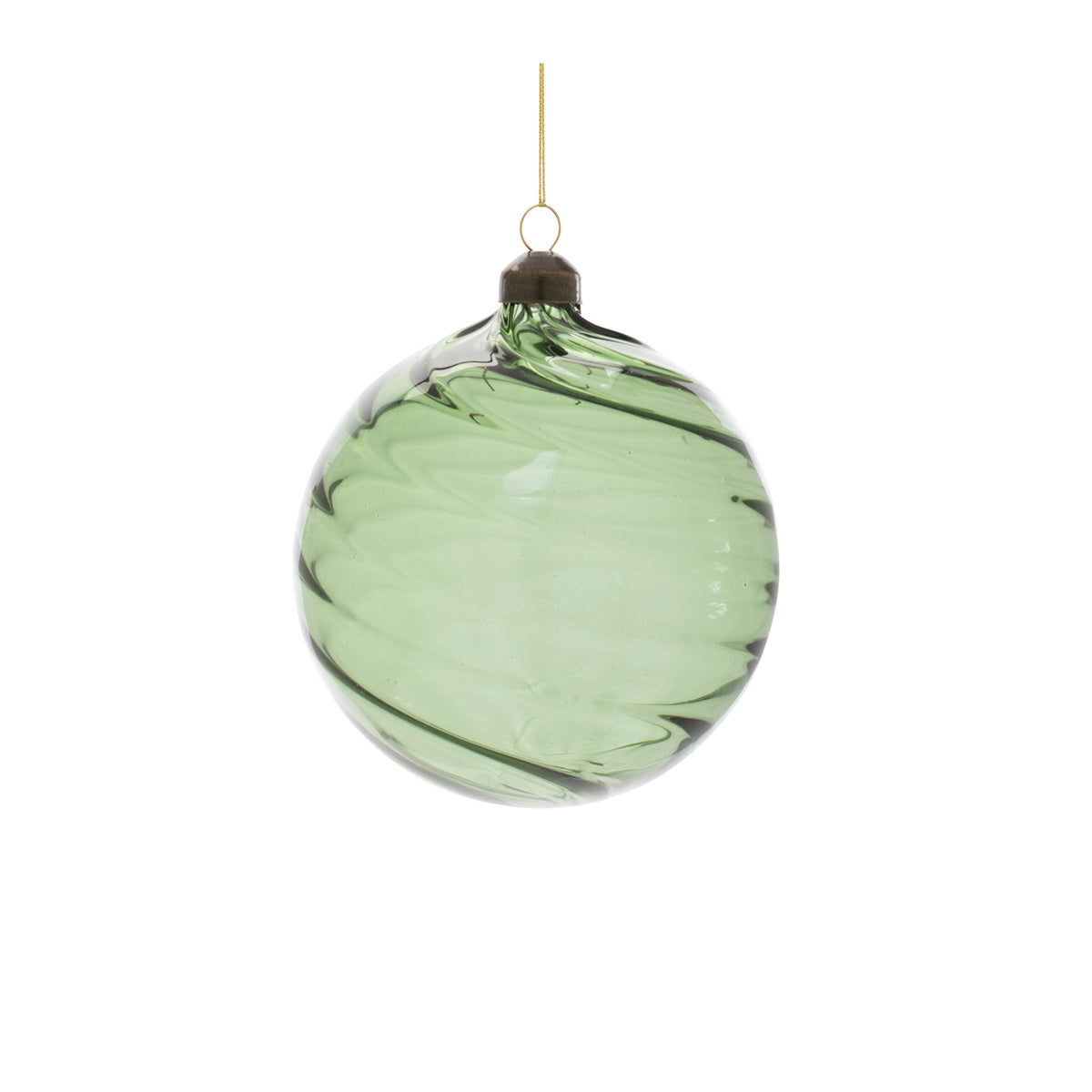 Green swirl glass Christmas ornament with a bronze cap and gold hanging string.