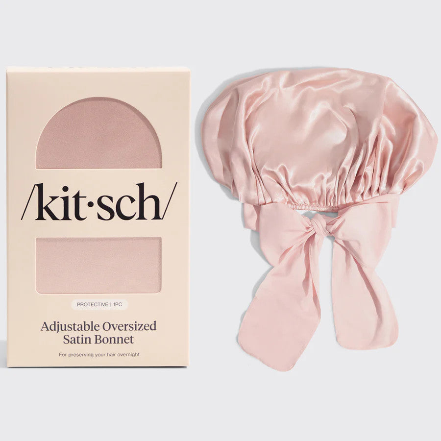 Adjustable oversized satin bonnet in blush with extra-long ties