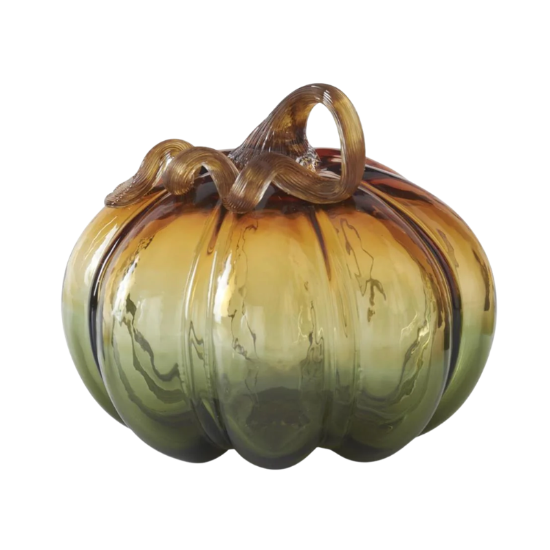 Handblown glass pumpkin with a green to amber gradient and a twisted brown stem.