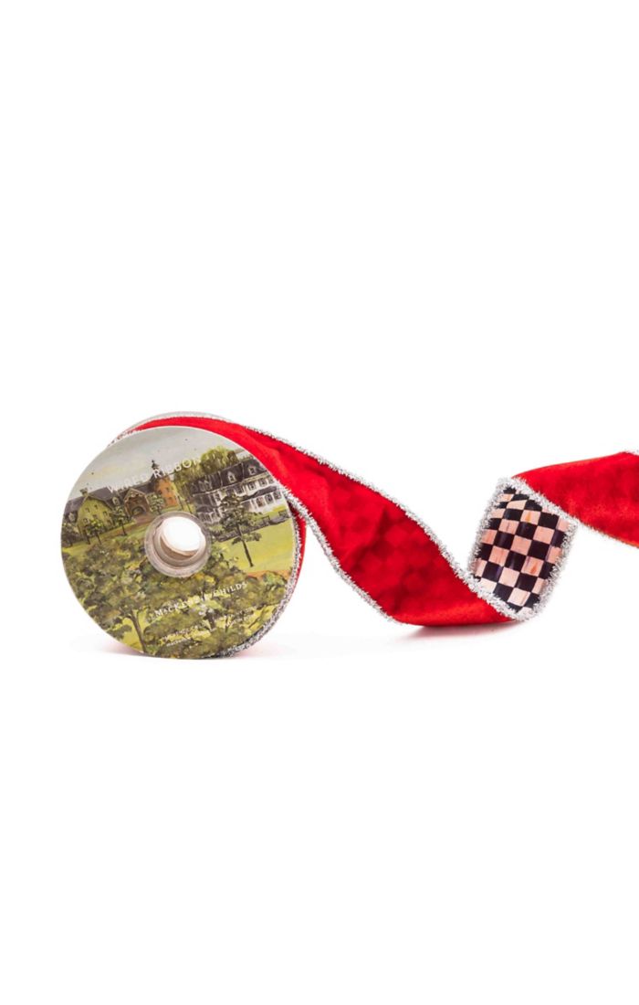 Red velvet 2.5-inch wired ribbon with silver glitter edges and a black and white checkered pattern.