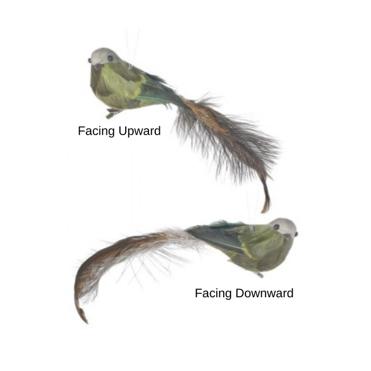 Two 14-inch Deer Valley feather bird clip ornaments, one facing upward and one facing downward.