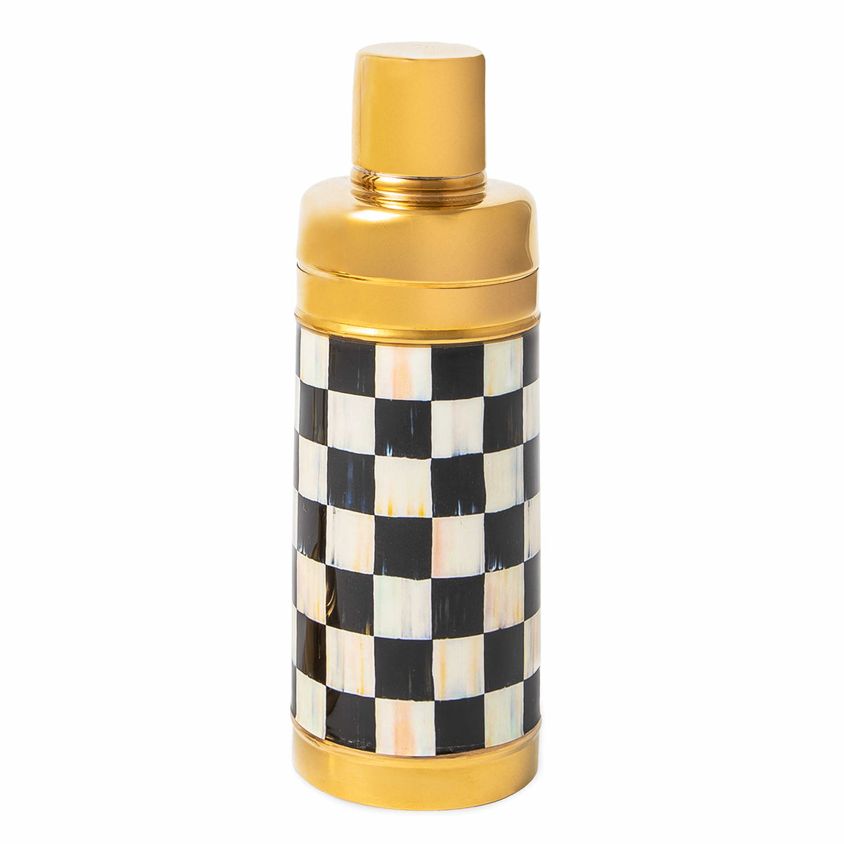 Gold cocktail shaker with a black and white hand-painted checkered pattern on the body.