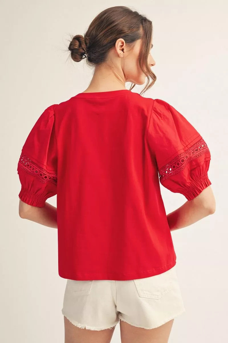 Madison top in solid fabric mix with lace contrast accent on puff sleeves