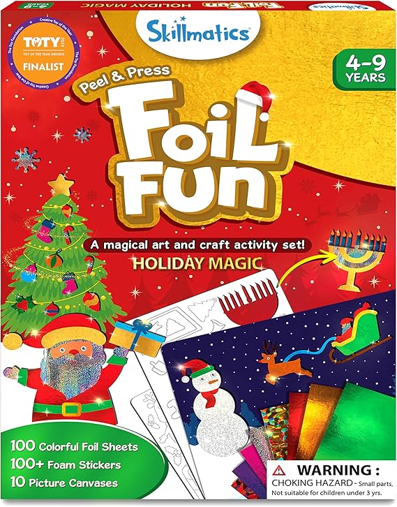 Foil Fun art kit box showing colorful foil sheets, foam stickers, and canvas canvases.