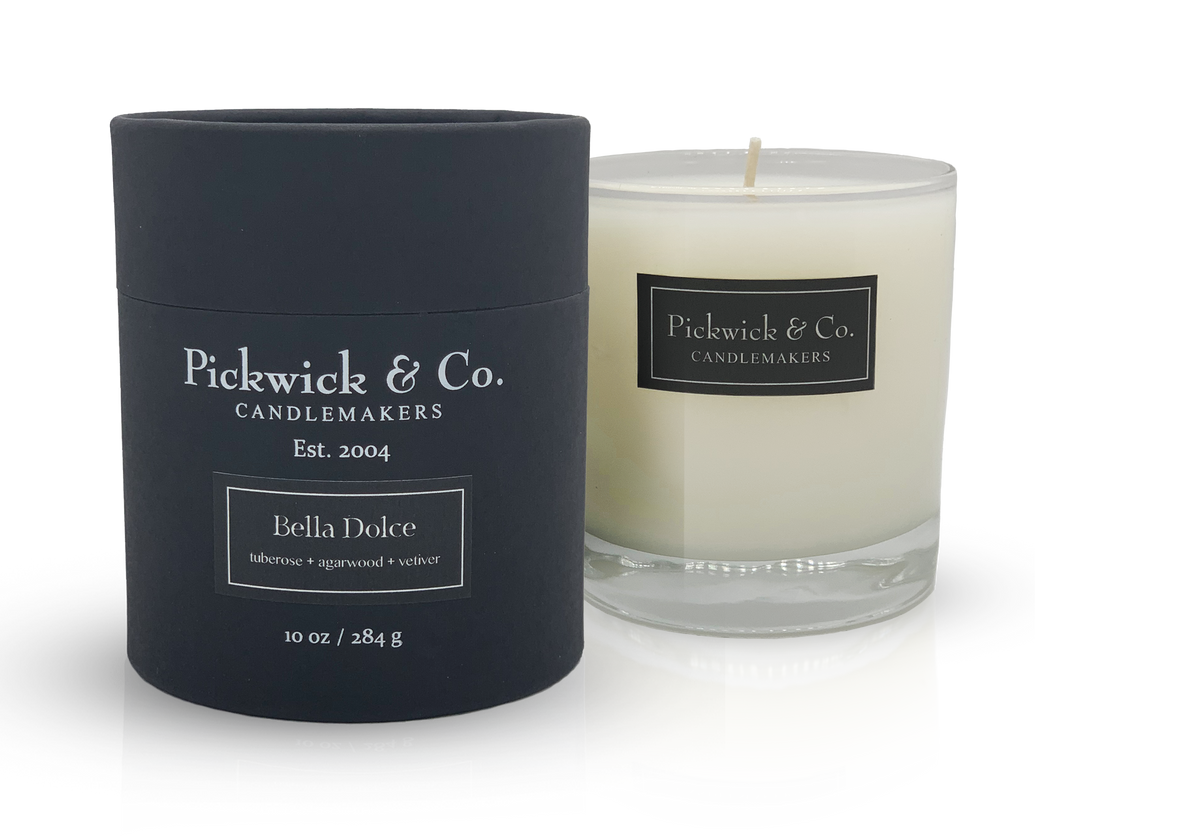 Pickwick Candle in a clear glass jar with a white wick